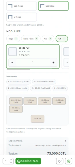 Shopgez modüler köşe yerleşimi mobil gerçek ekranı
