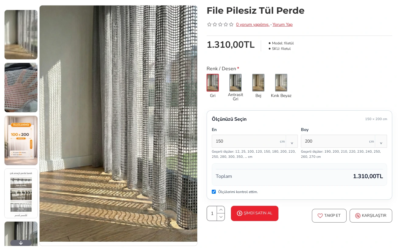 Perde geçerli en-boy seçimi ve toplam fiyat masaüstü gerçek ürün ekranı