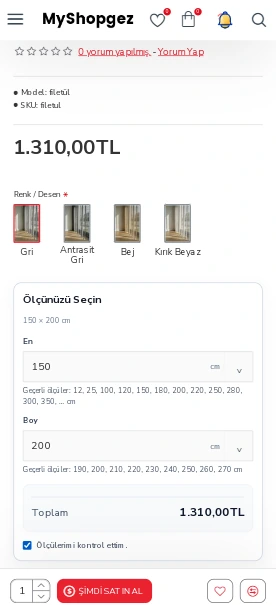 Perde geçerli en-boy seçimi ve toplam fiyat mobil gerçek ürün ekranı